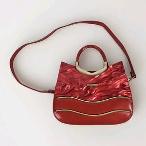 Retro Inspired Glossy Statement Handbag Red Gold Accents Acrylic Shoulder Purse
